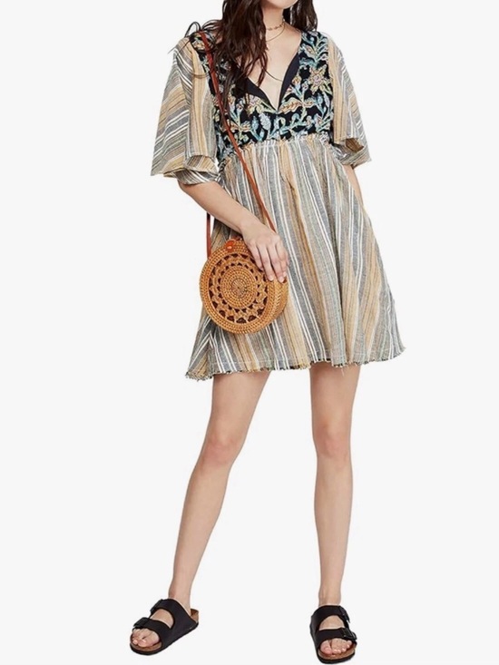 Free People Dresses & Skirts - Free People Under the Sun Tunic dress black combo boho floral striped small FLAW